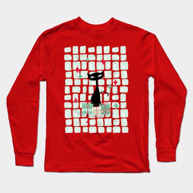 Atomic Christmas Cat, Mid Century Modern Long Sleeve T-Shirt by tramasdesign